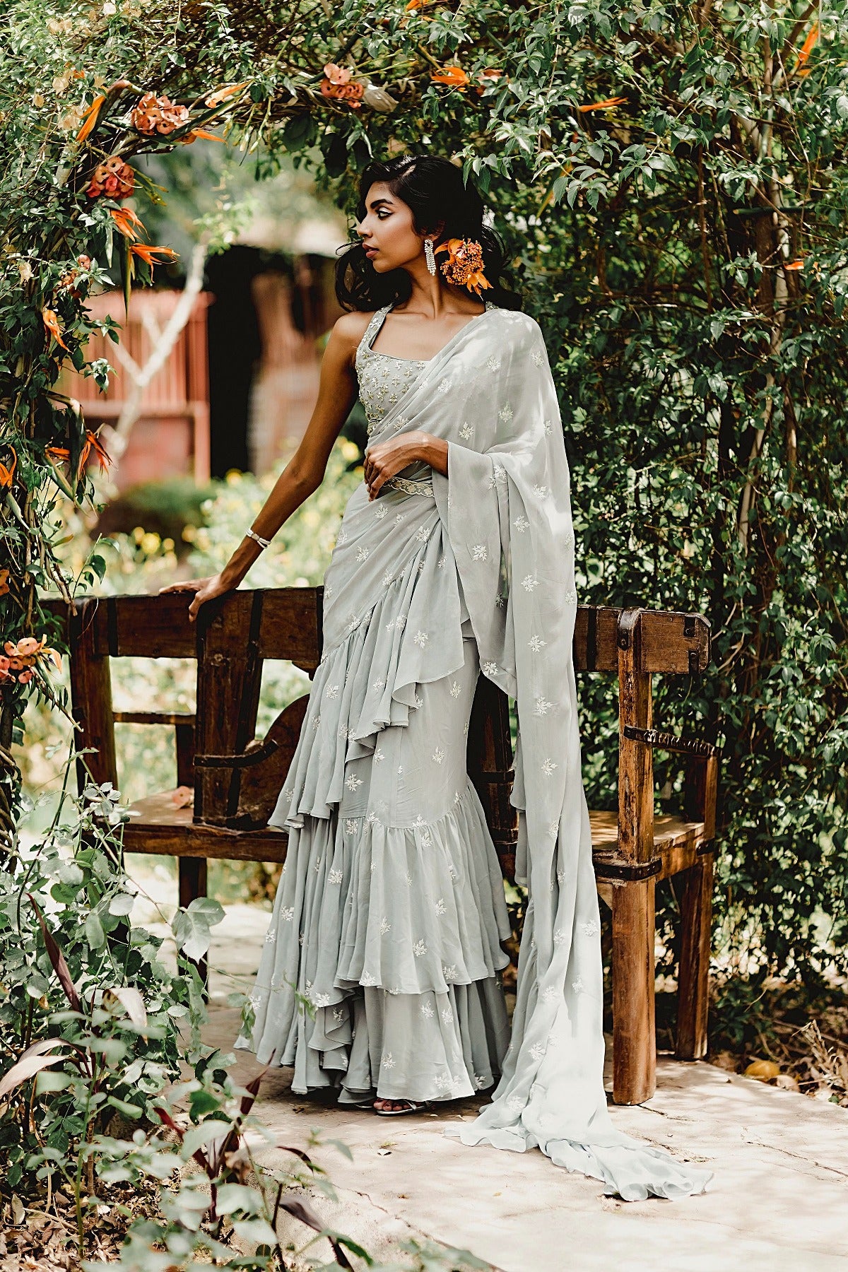 Sky Blue Bootie Ruffle Saree Set