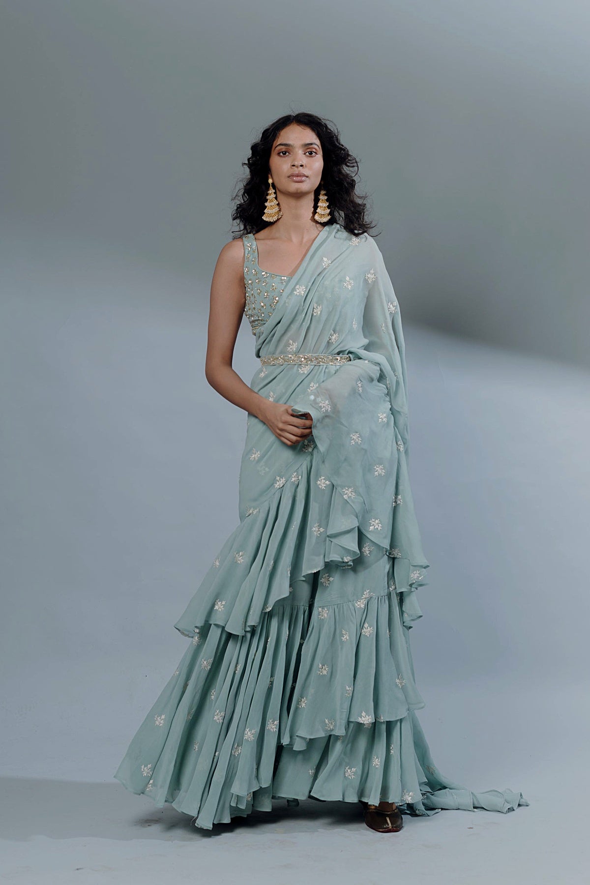 Sky Blue Bootie Ruffle Saree Set