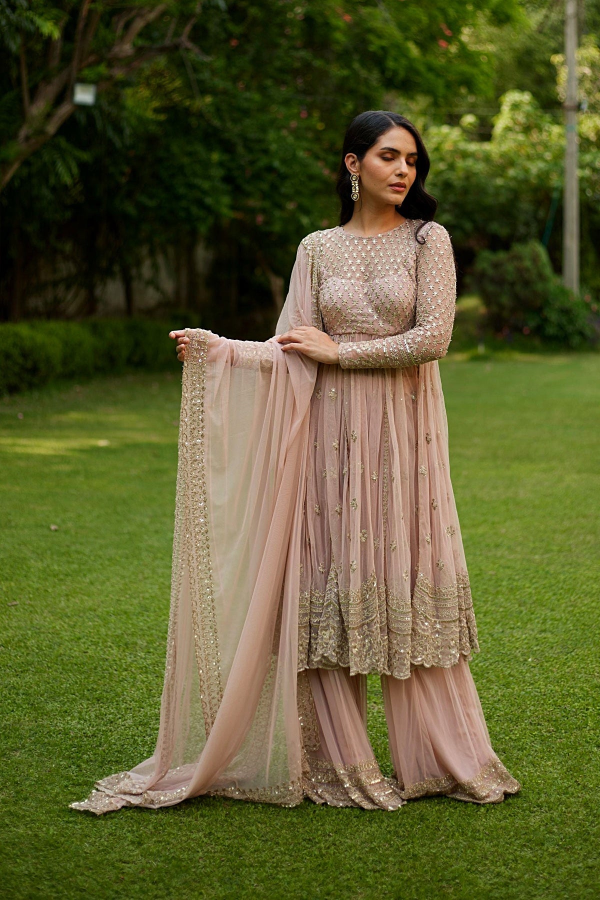 Pink On Pink Thread Work Anarkali And Sharara Set