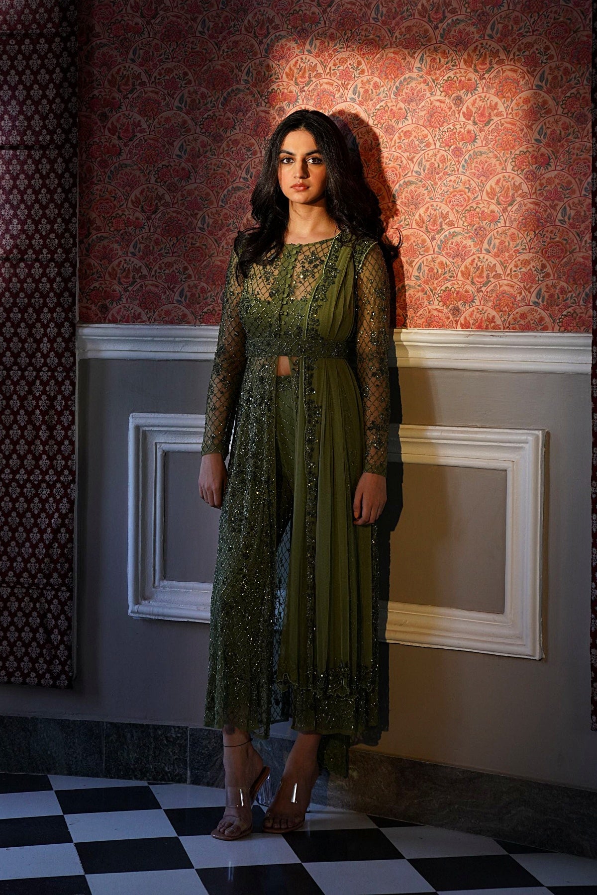 Olive Green Heavy Jaal Work Front Open Jacket Set