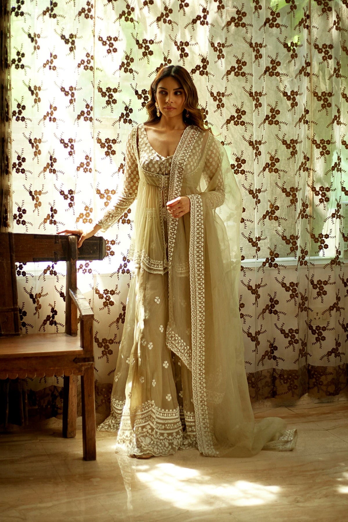 Beige With White Thread Work Peplum And Sharara Set