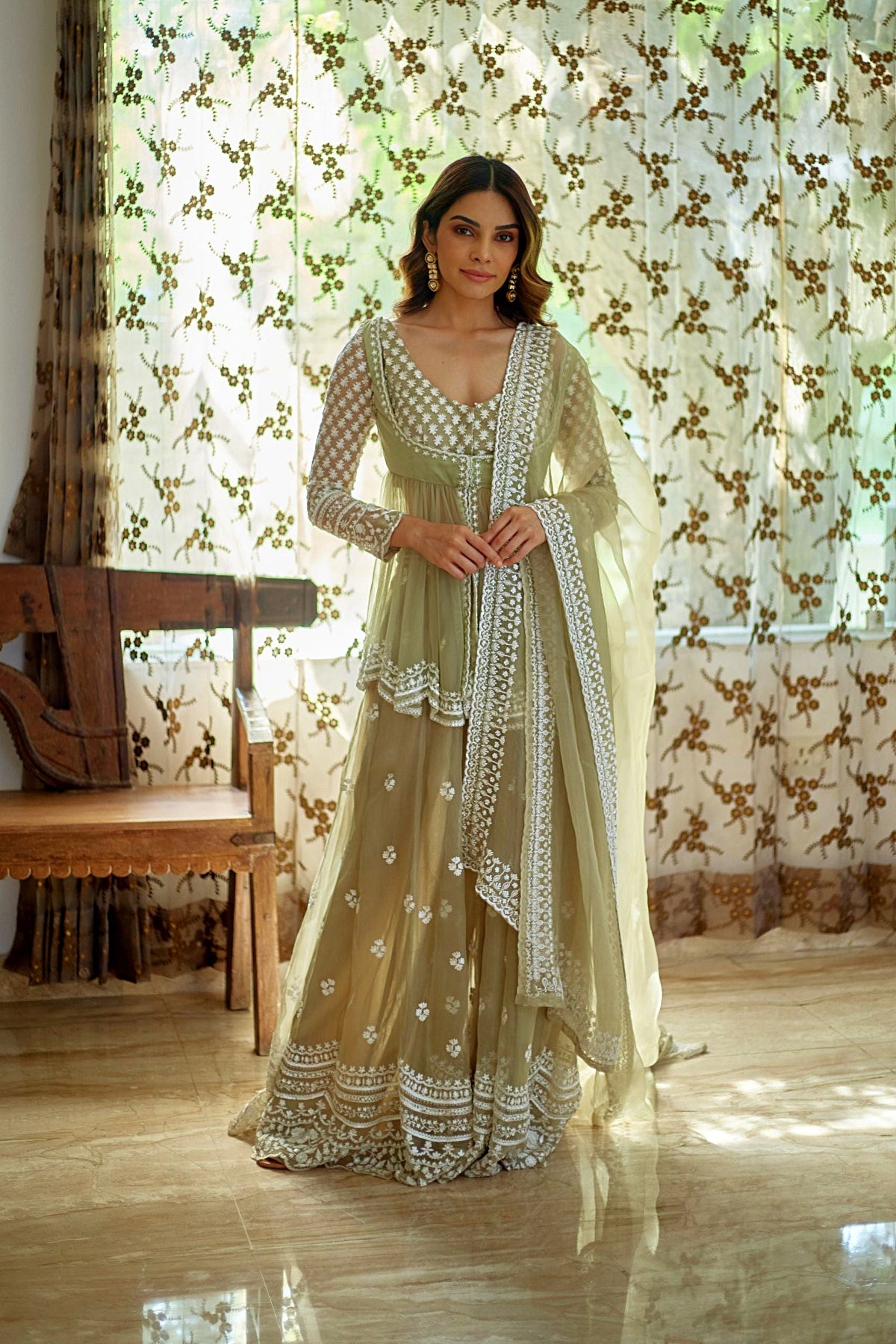 Beige With White Thread Work Peplum And Sharara Set