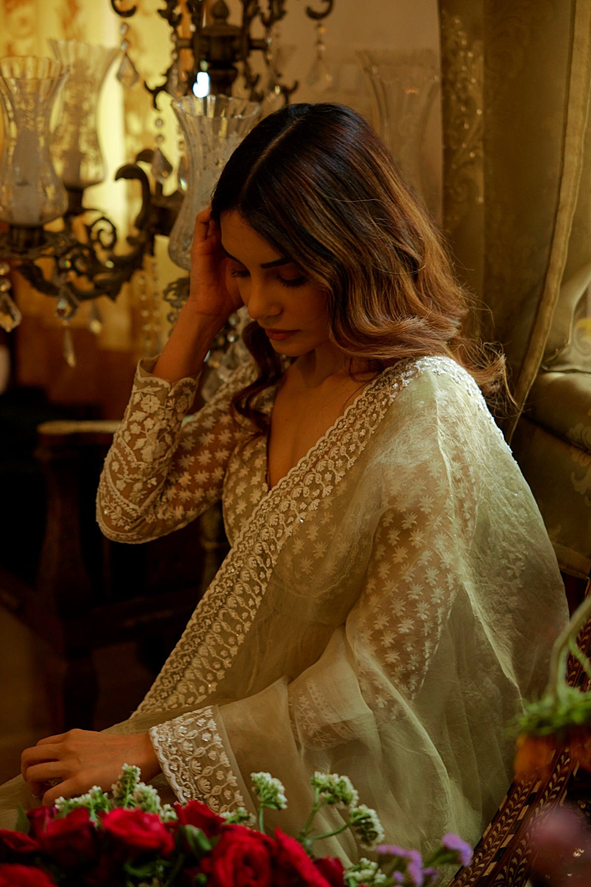 Beige With White Thread Work Peplum And Sharara Set