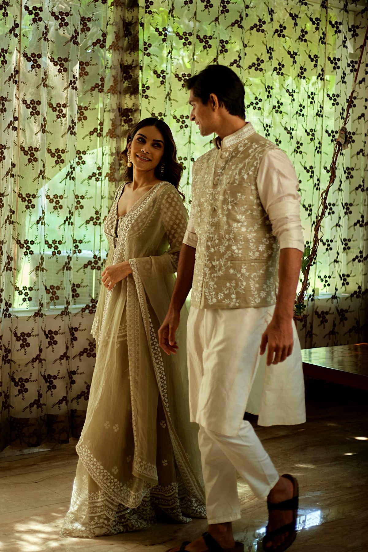 Beige With White Thread Work Peplum And Sharara Set