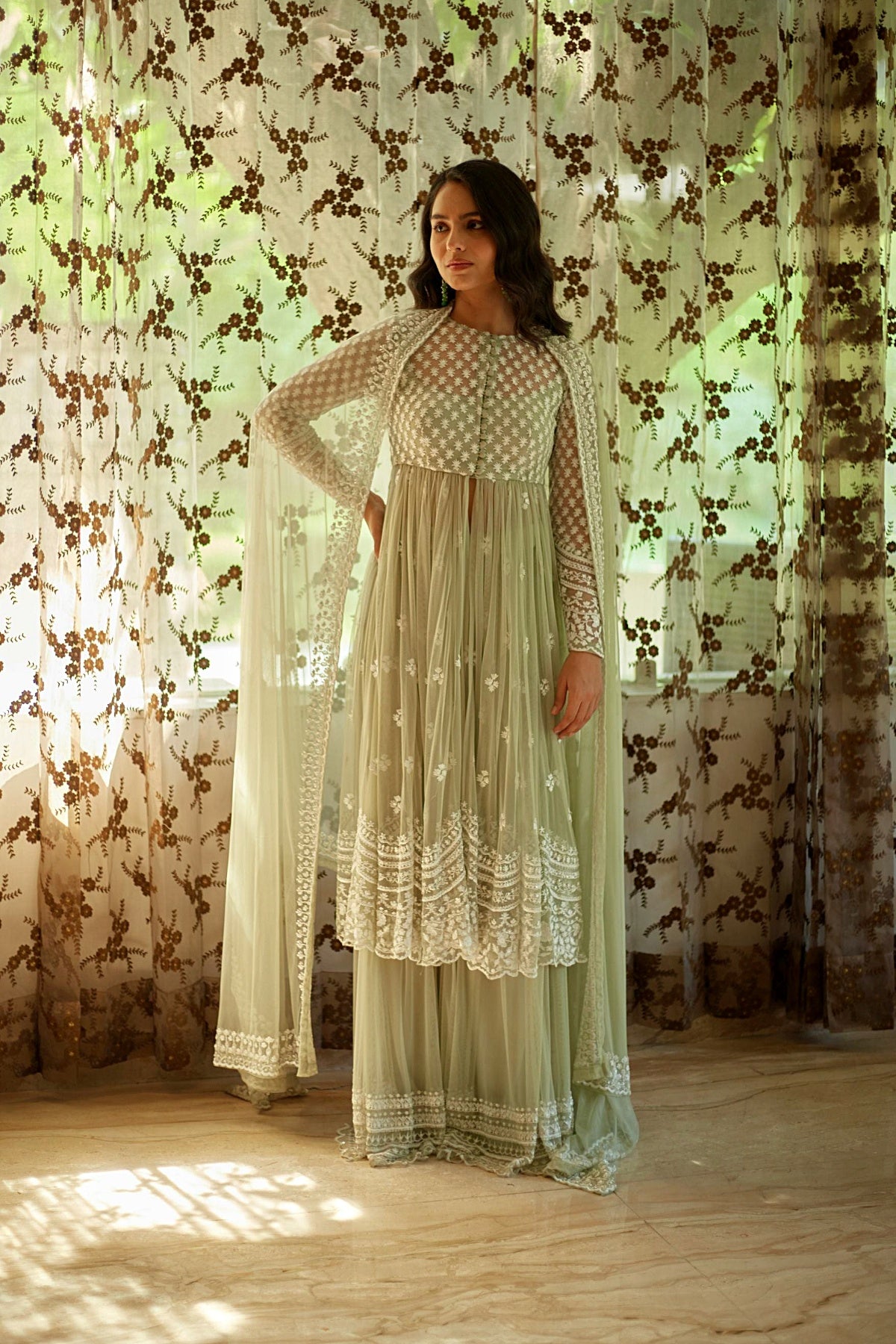 Sage Green With White Thread Work Jacket And Sharara Set