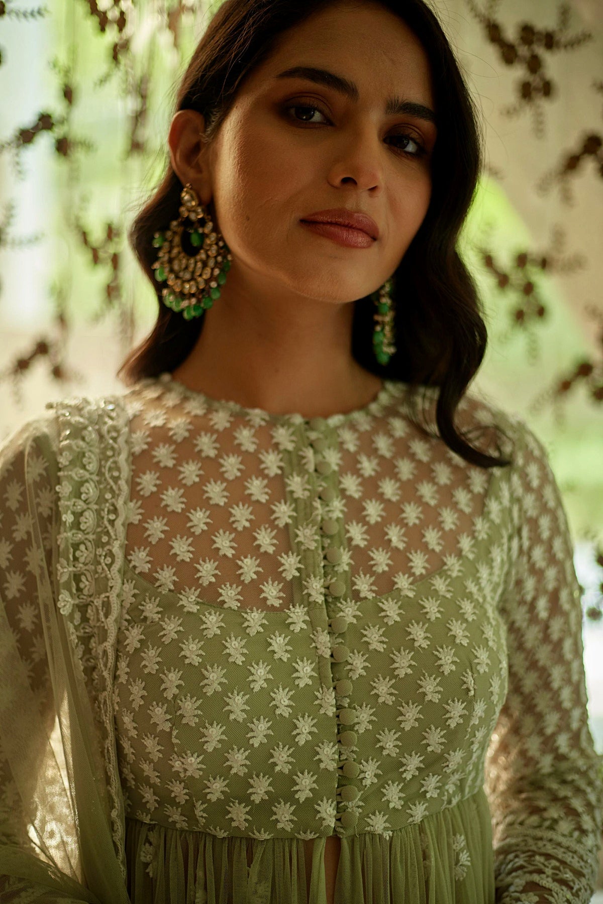 Sage Green With White Thread Work Jacket And Sharara Set
