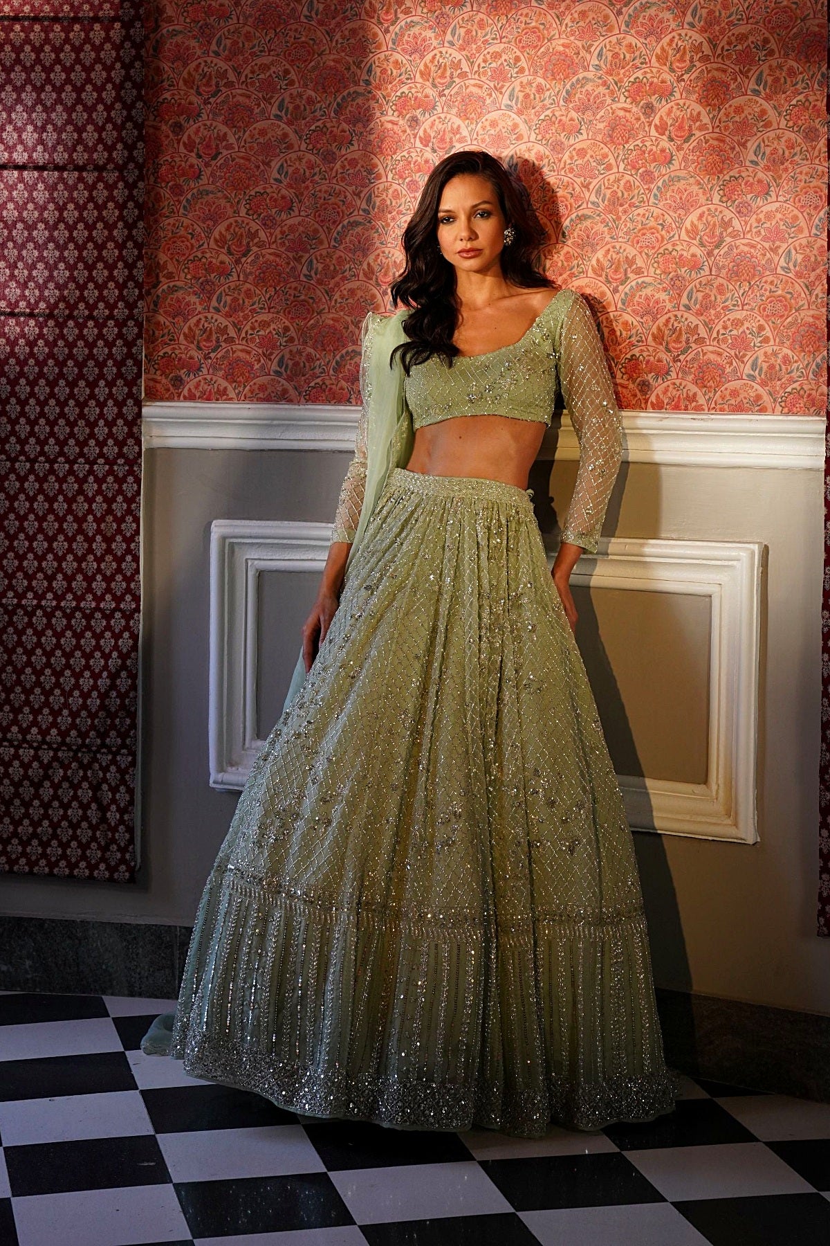 Green Organza Jaal Work Lehenga Set