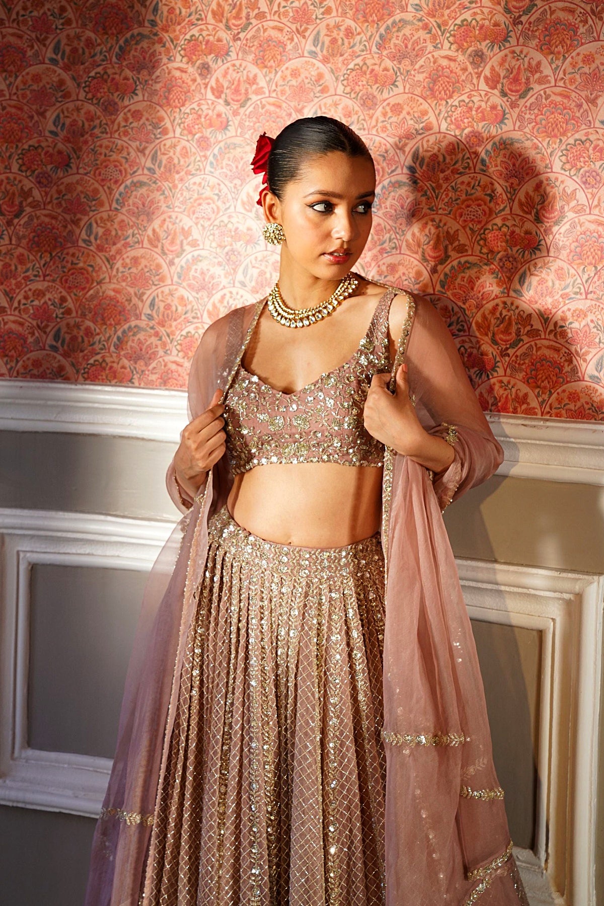 Onion Pink Organza Jaal Work Lehenga Set