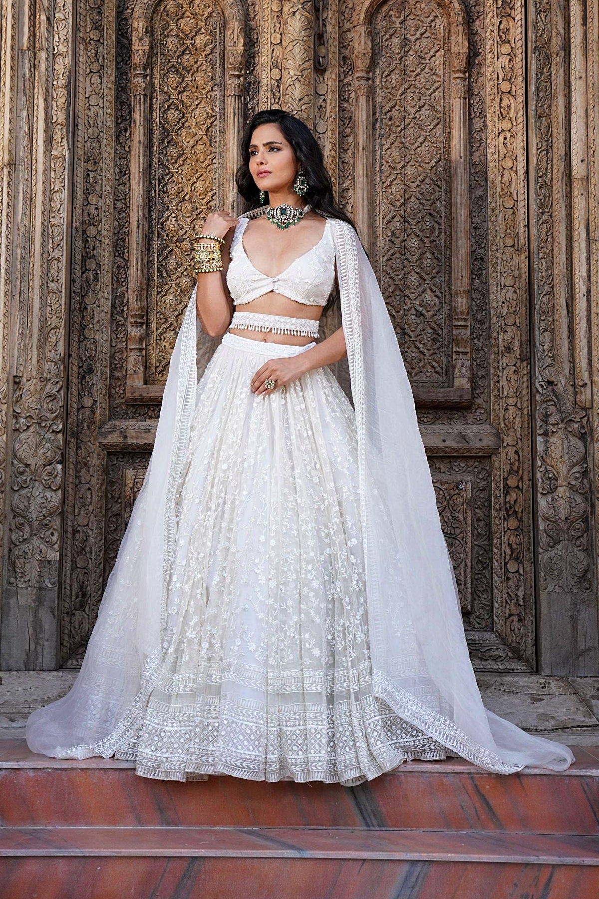 White On White Heavy Jaal Work Lehenga Set