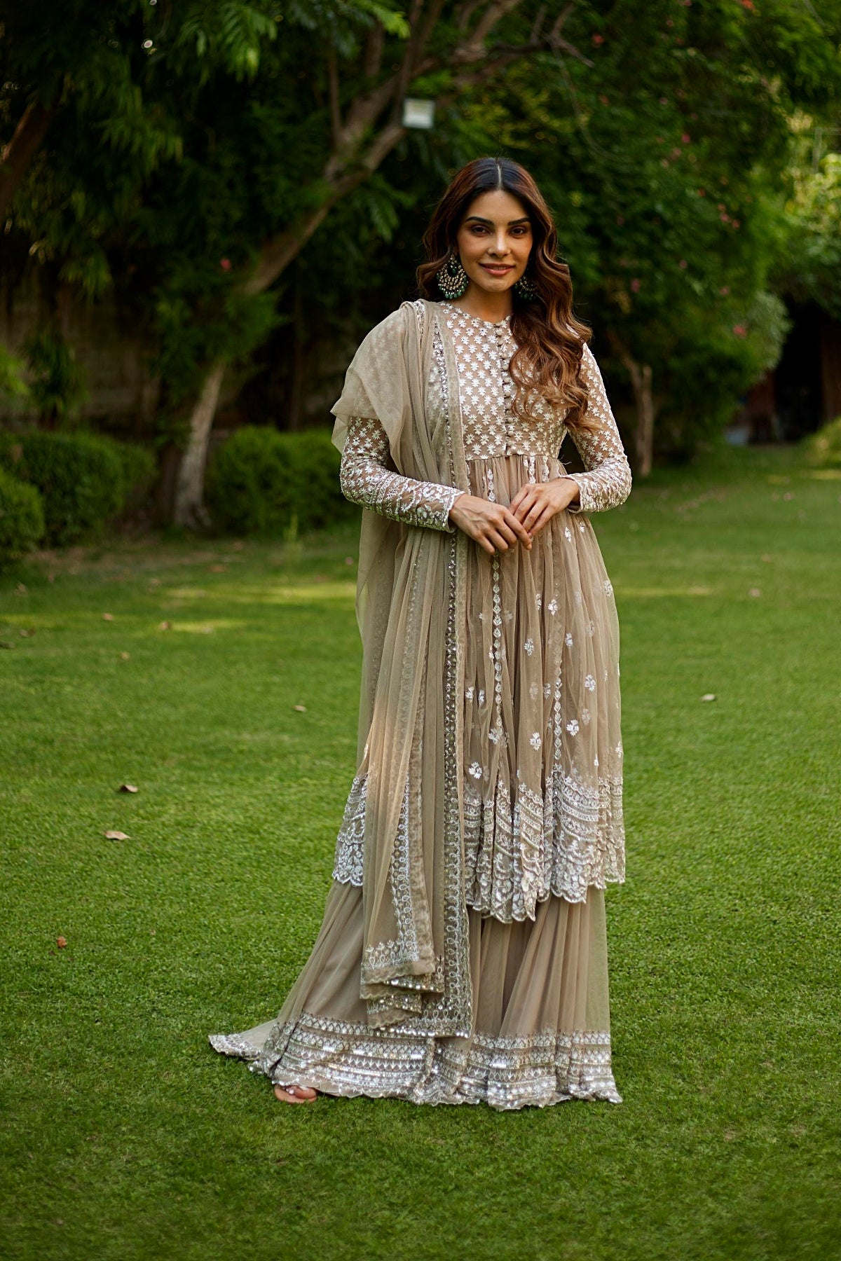 Sage Green With White Thread Work Jacket And Sharara Set