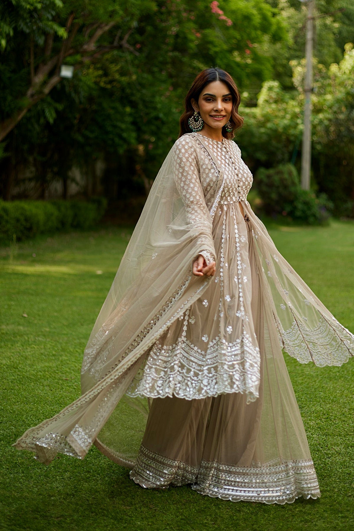 Sage Green With White Thread Work Jacket And Sharara Set