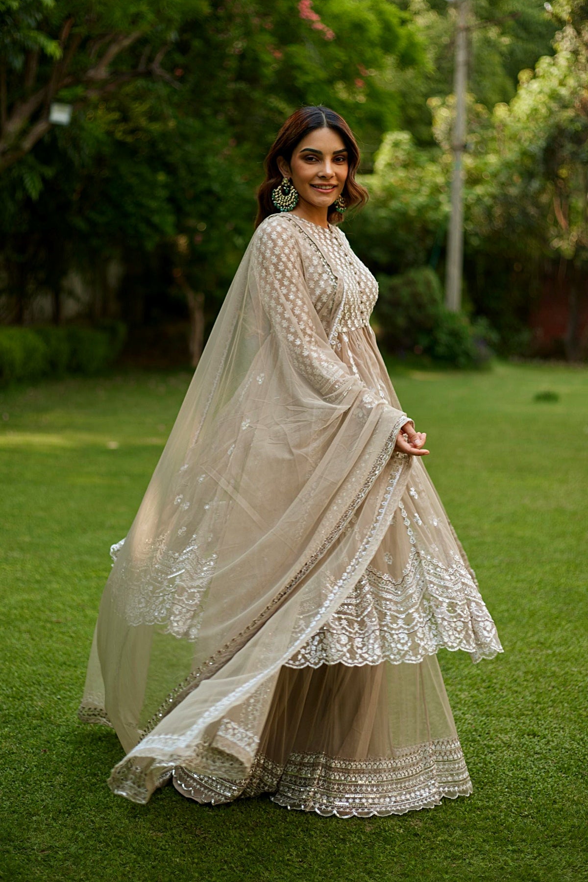 Sage Green With White Thread Work Jacket And Sharara Set