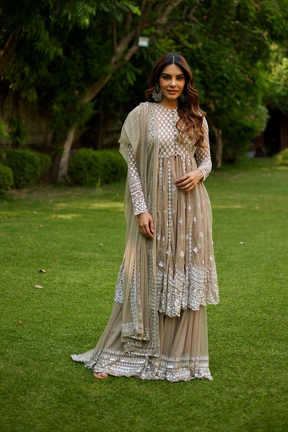 Sage Green With White Thread Work Jacket And Sharara Set
