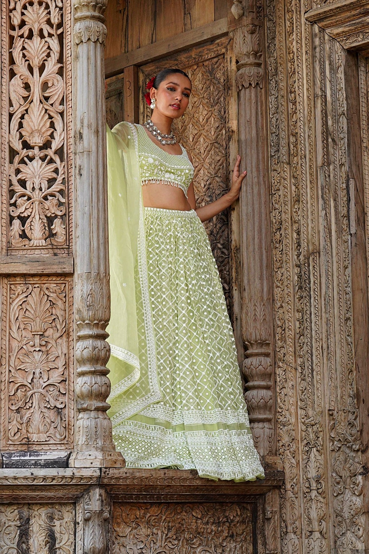 Mint Organza With White Moti Work Lehenga Set