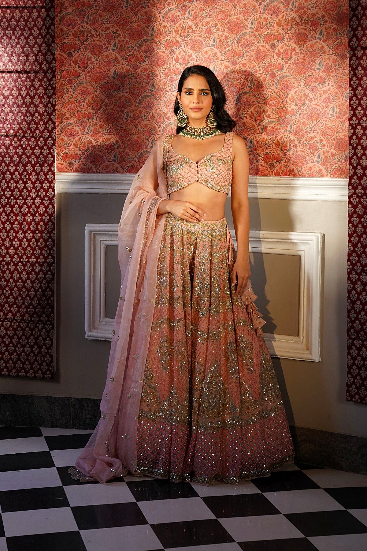 Peach Pink Organza Bridal Lehenga Set