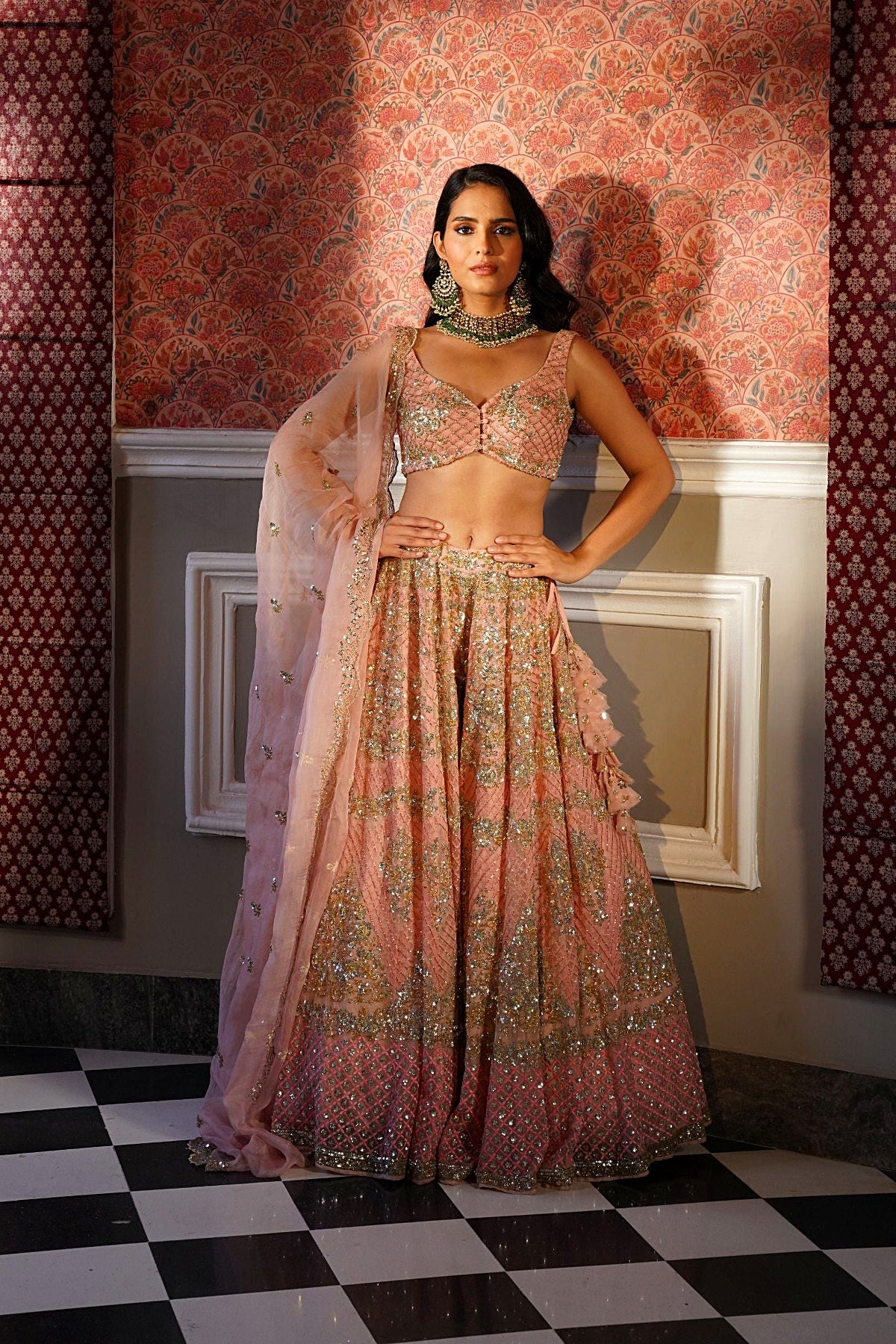Peach Pink Organza Bridal Lehenga Set