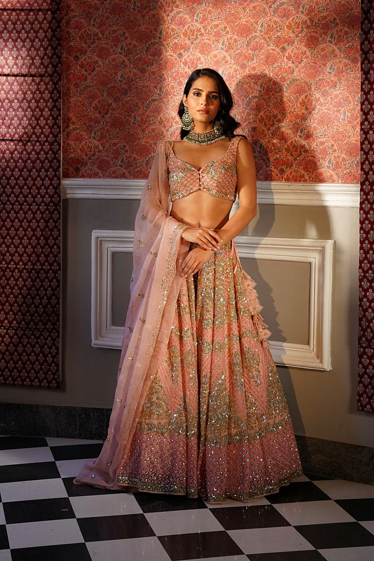Peach Pink Organza Bridal Lehenga Set
