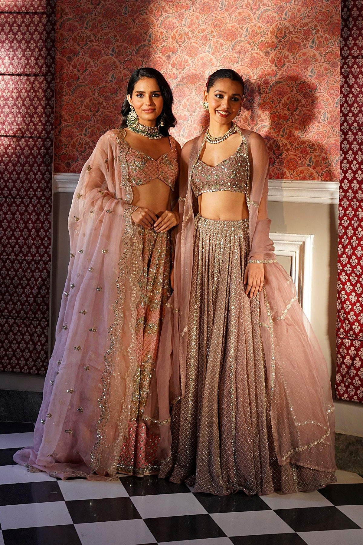 Peach Pink Organza Bridal Lehenga Set