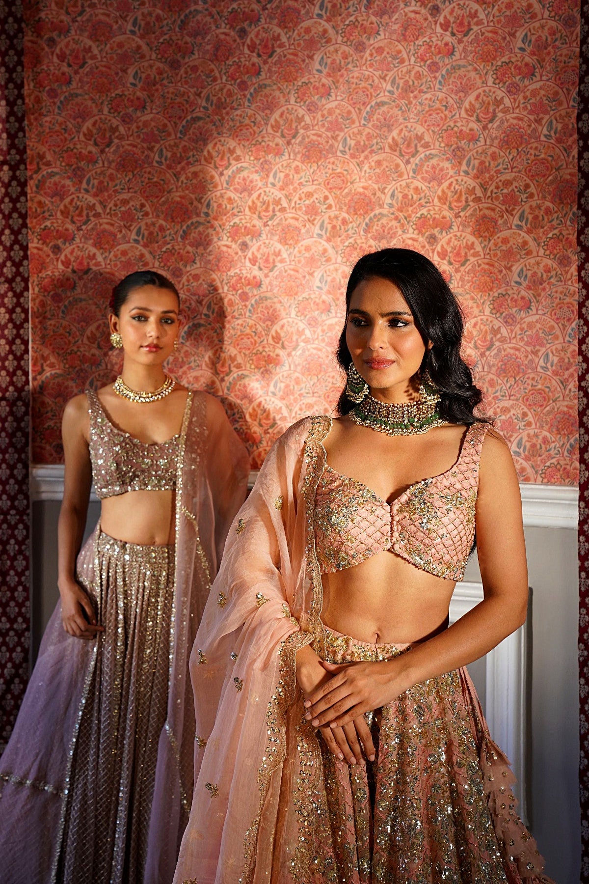 Peach Pink Organza Bridal Lehenga Set