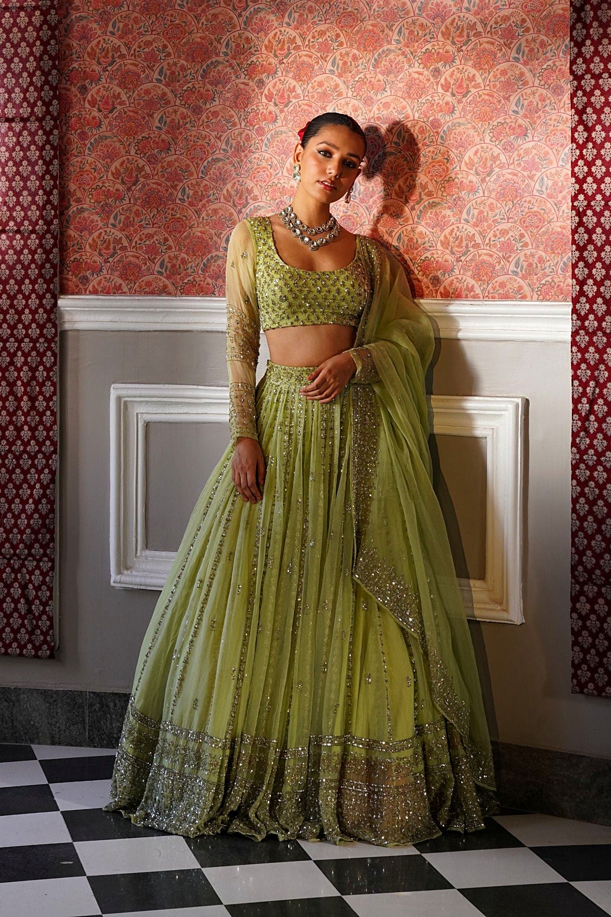 Mint Green Organza Line Work Lehenga Set