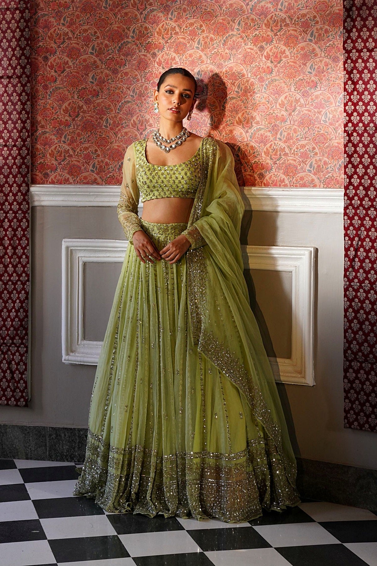 Mint Green Organza Line Work Lehenga Set