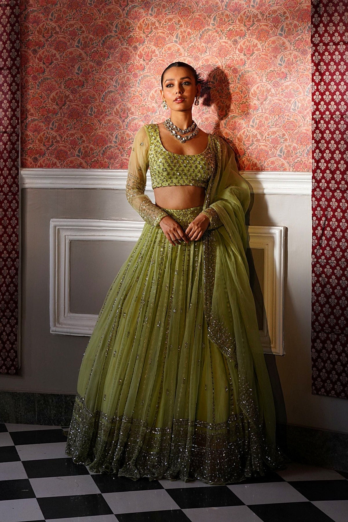 Mint Green Organza Line Work Lehenga Set