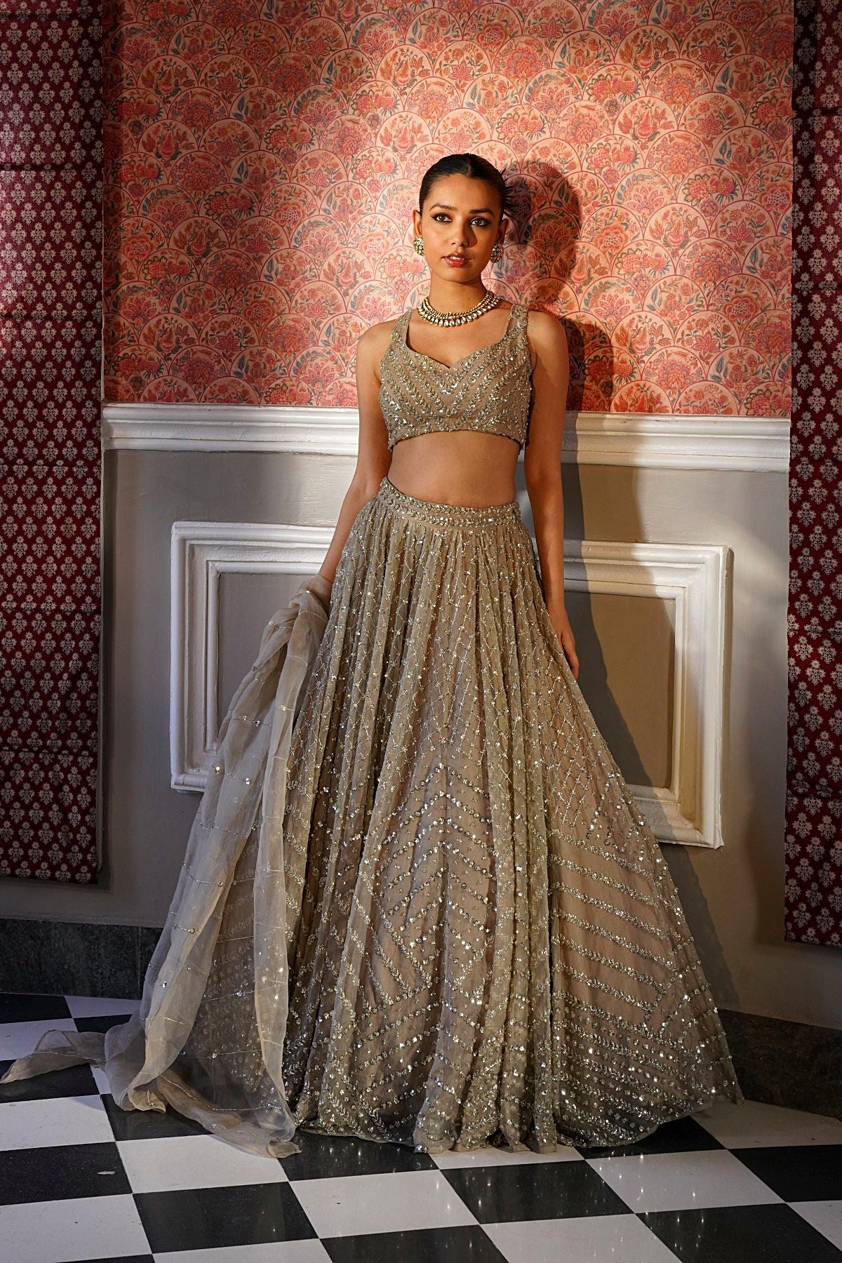 Grey Heavy Jaal Work Lehenga Set