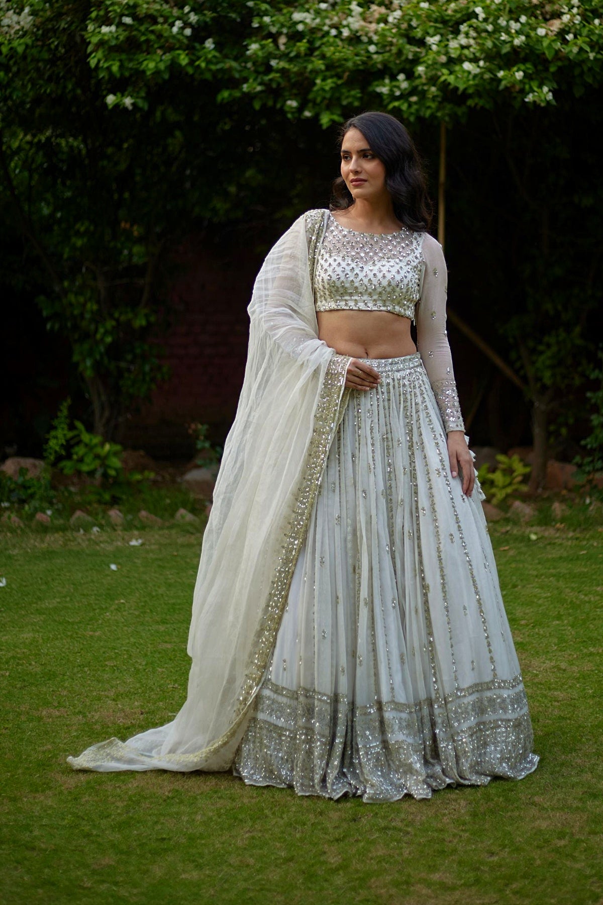 Off White Heavy Line Work Lehenga Set