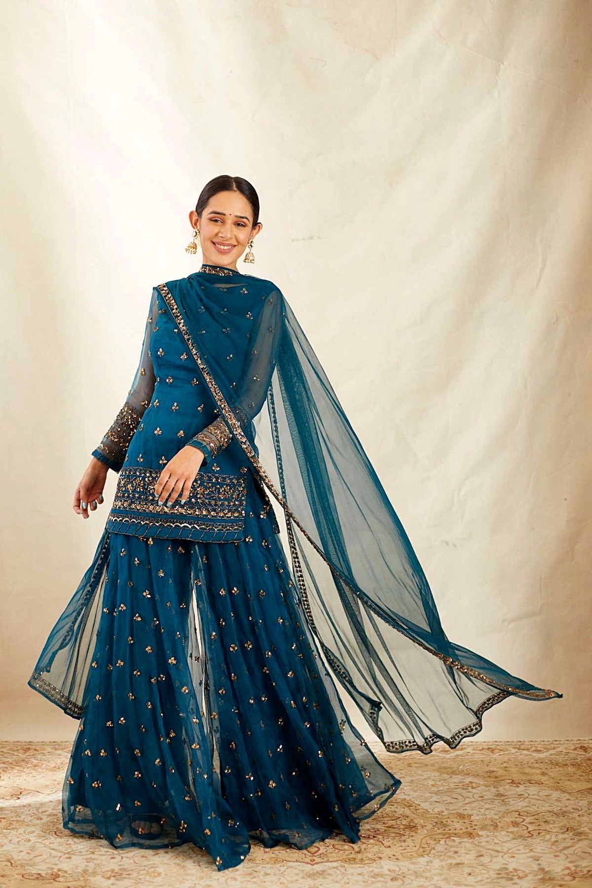 Teal Blue Organza Sequence Work Kurti Sharara Set