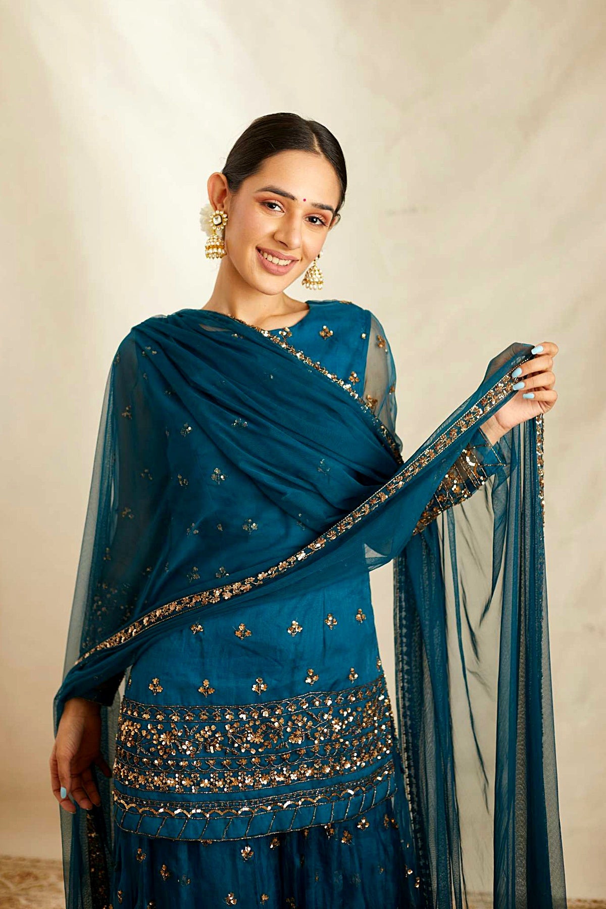 Teal Blue Organza Sequence Work Kurti Sharara Set