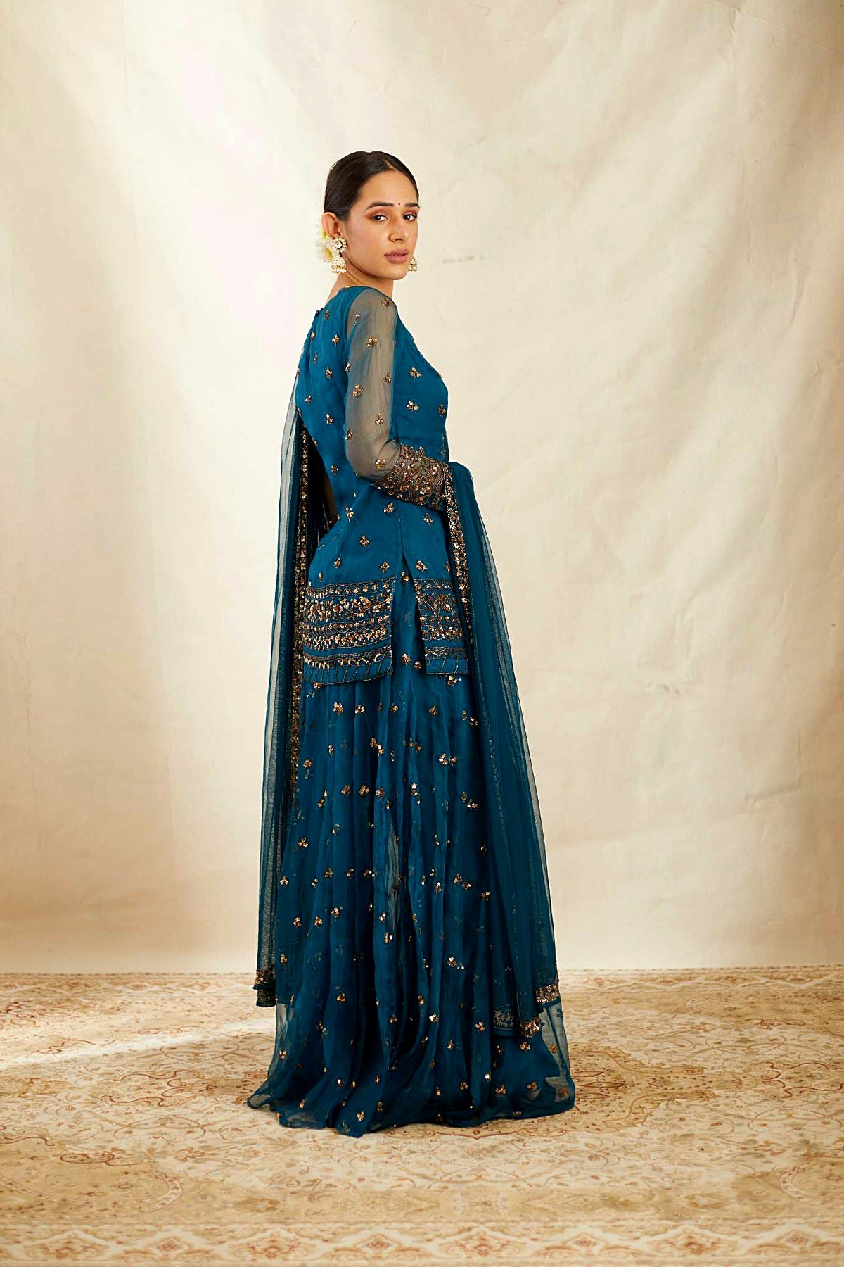 Teal Blue Organza Sequence Work Kurti Sharara Set