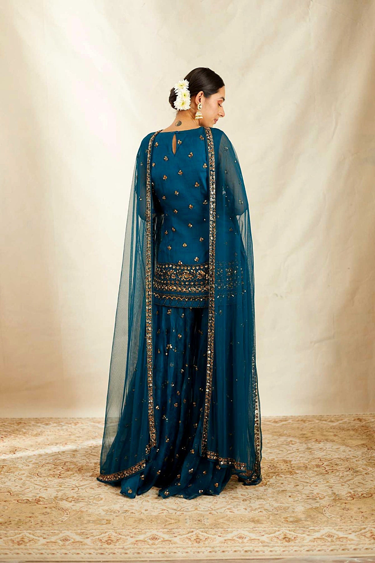 Teal Blue Organza Sequence Work Kurti Sharara Set