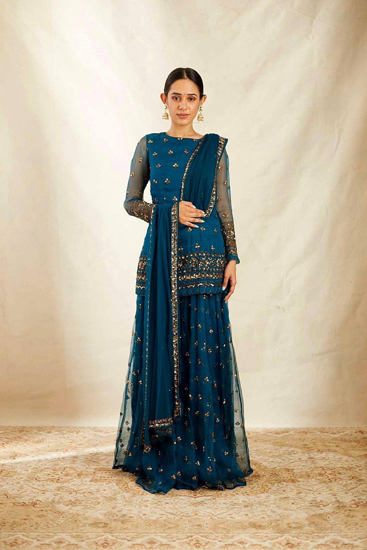Teal Blue Organza Sequence Work Kurti Sharara Set