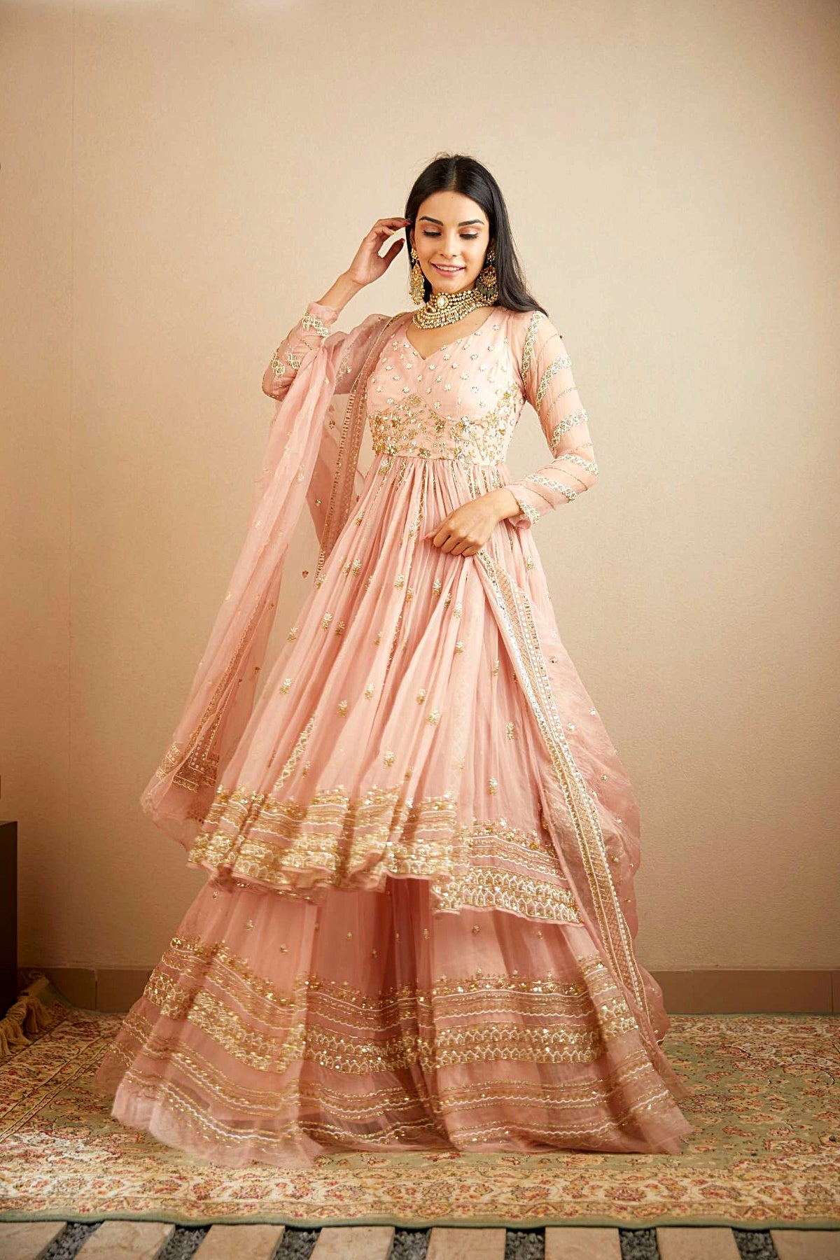 Blush Pink Organza Anarkali With Sharara Set