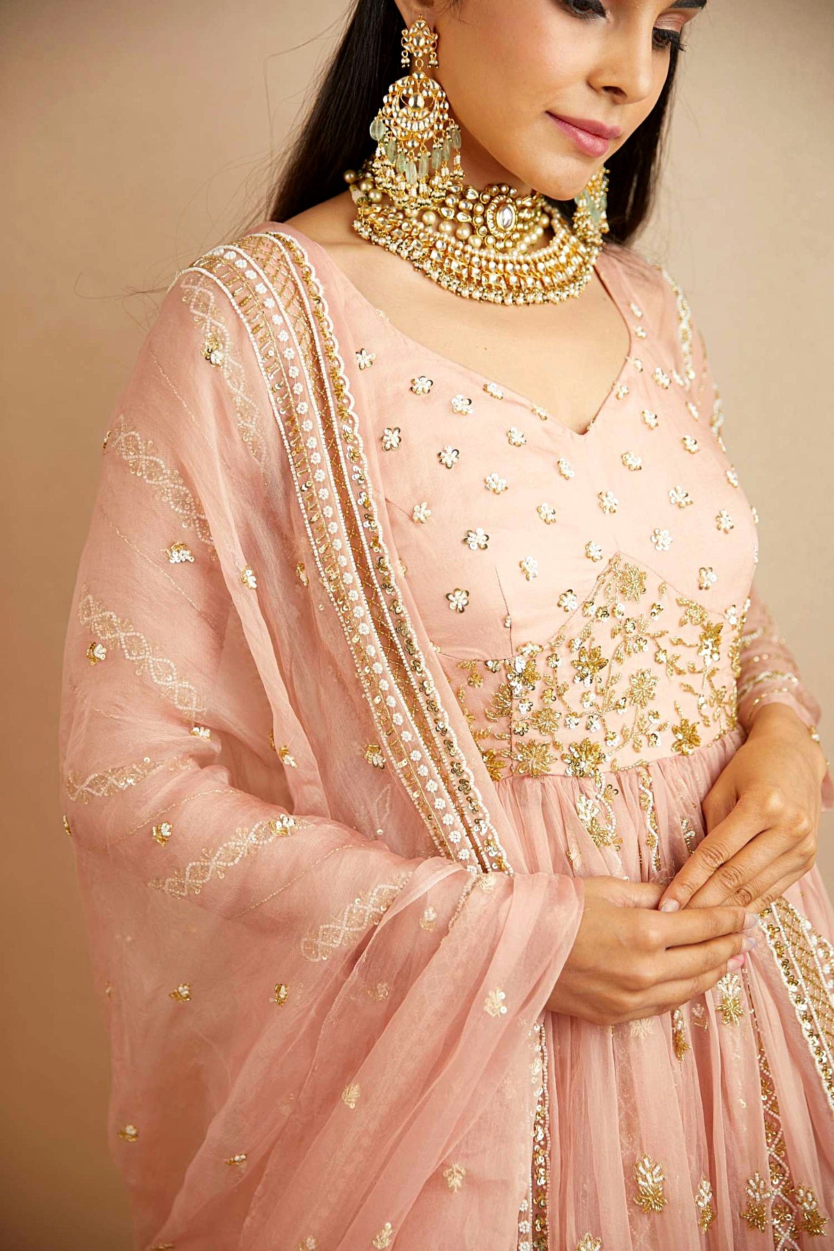 Blush Pink Organza Anarkali With Sharara Set