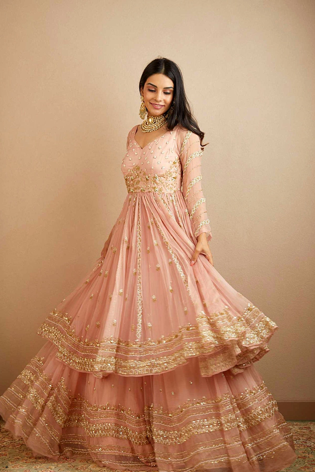 Blush Pink Organza Anarkali With Sharara Set