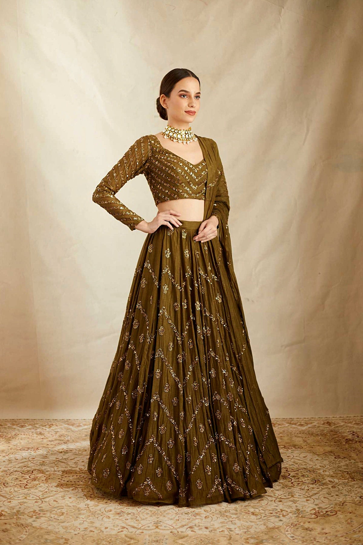 Parrot Green Chanderi Lehenga Set