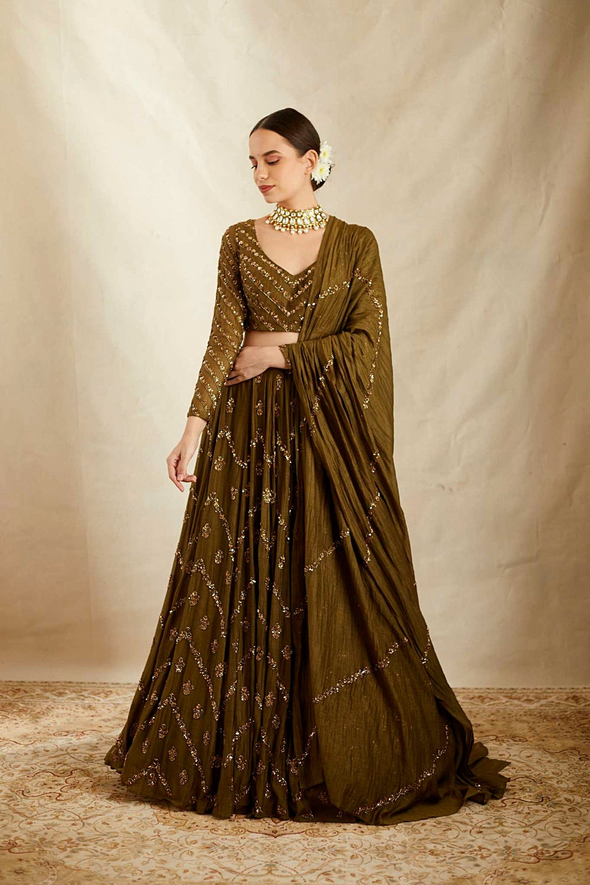 Parrot Green Chanderi Lehenga Set