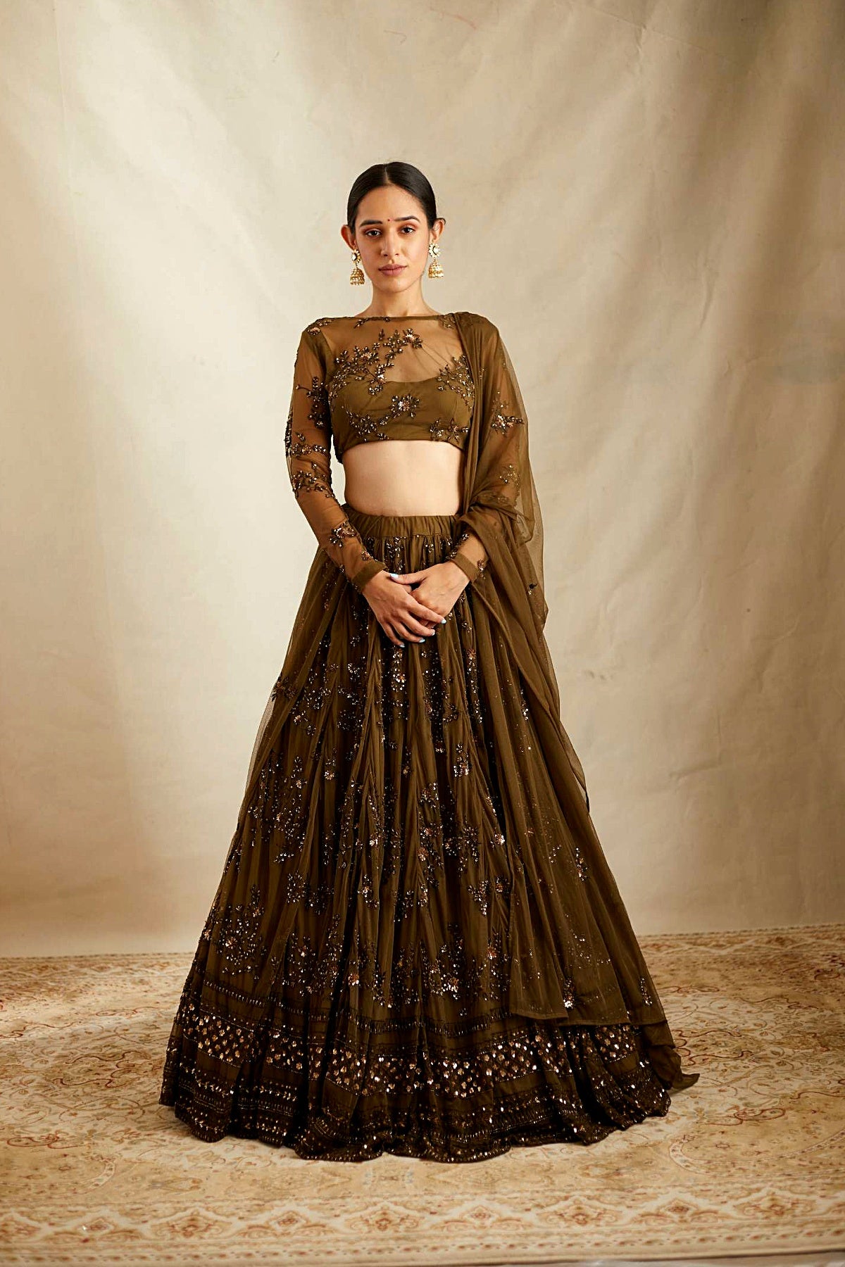 Dark Green Thread Work Lehenga Set