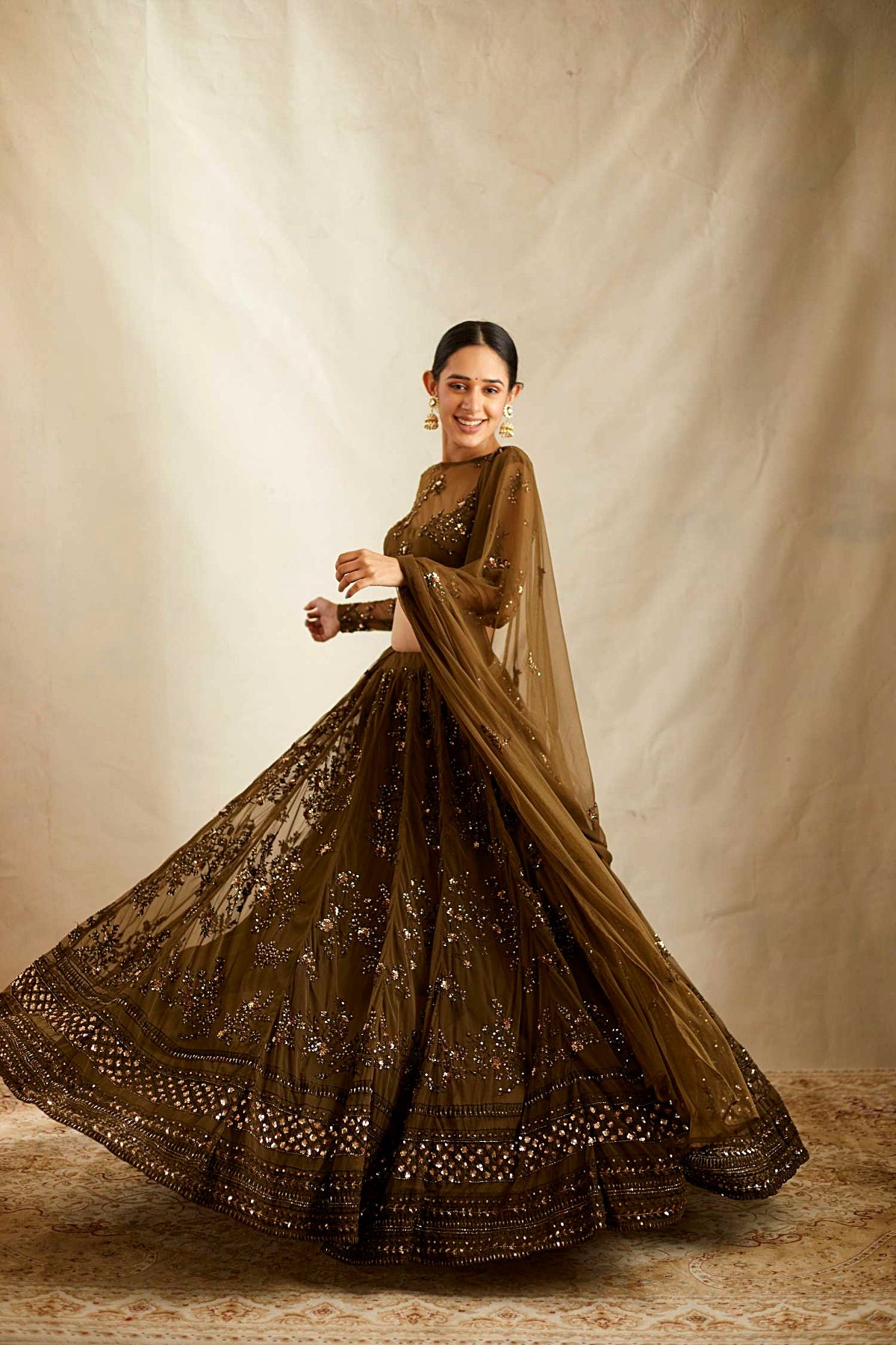 Dark Green Thread Work Lehenga Set