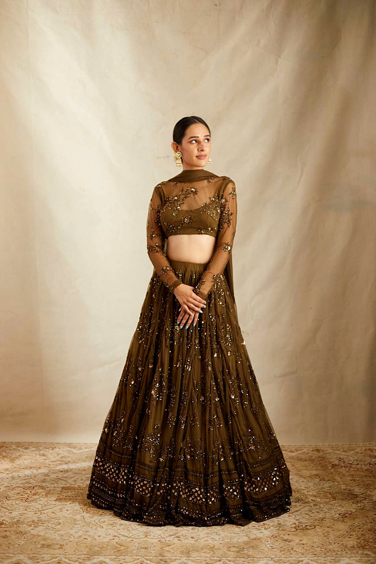 Dark Green Thread Work Lehenga Set
