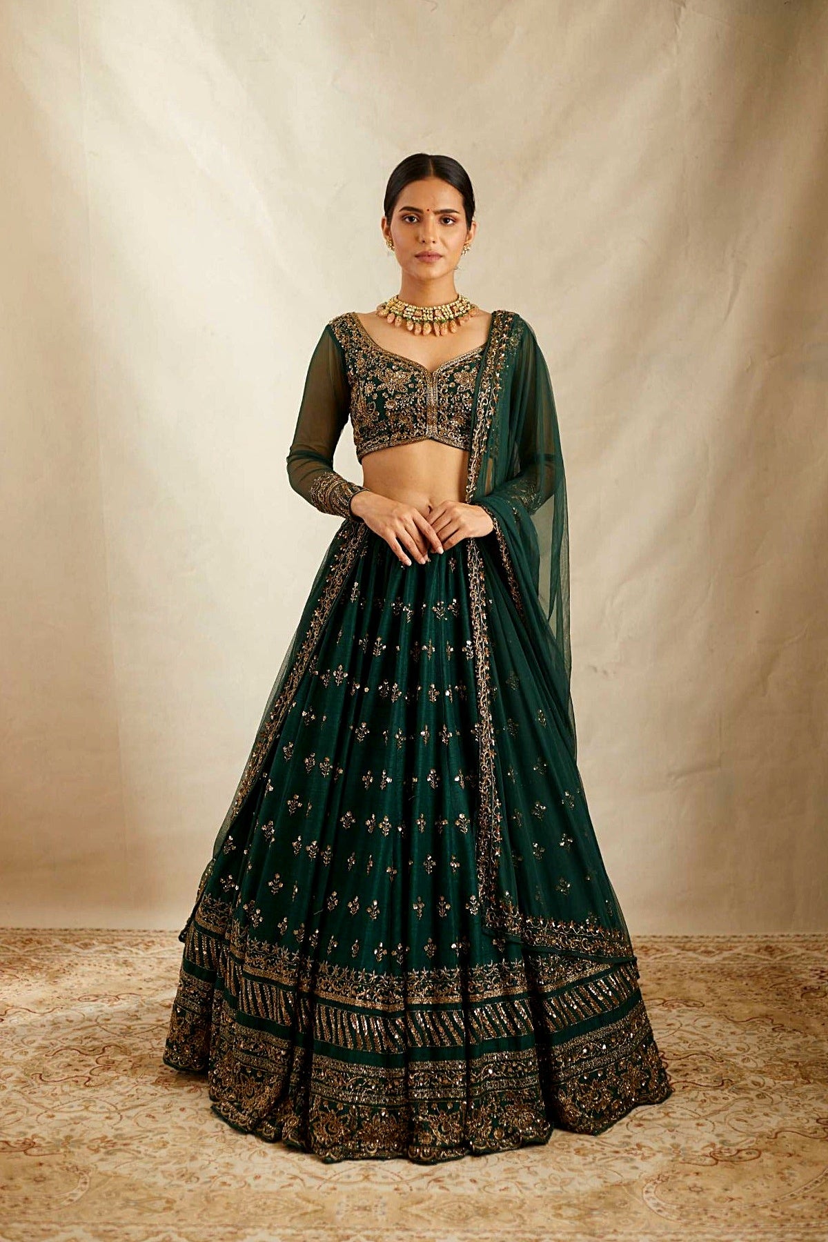 Embrelled Green Raw Silk Lehenga Set