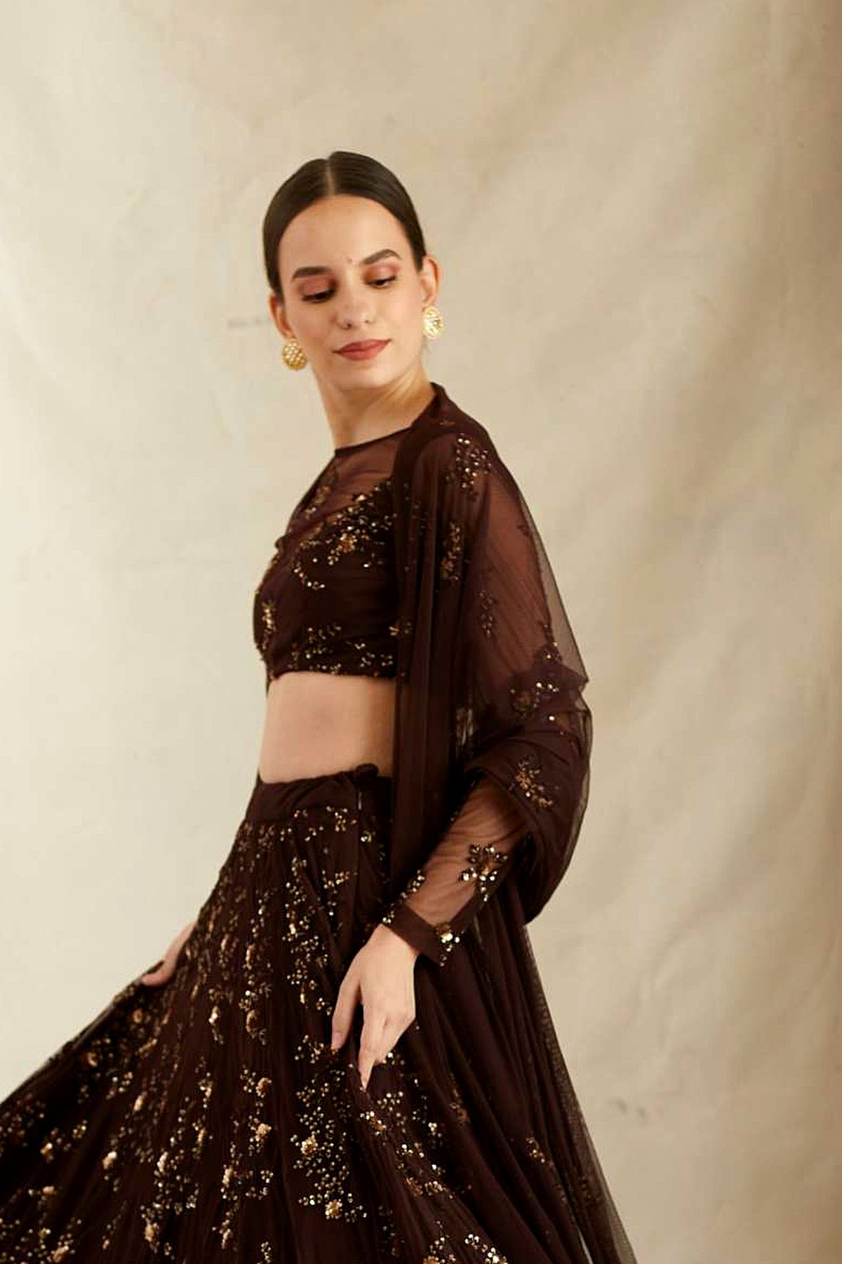 Dark Coffee Thread Work Lehenga Set