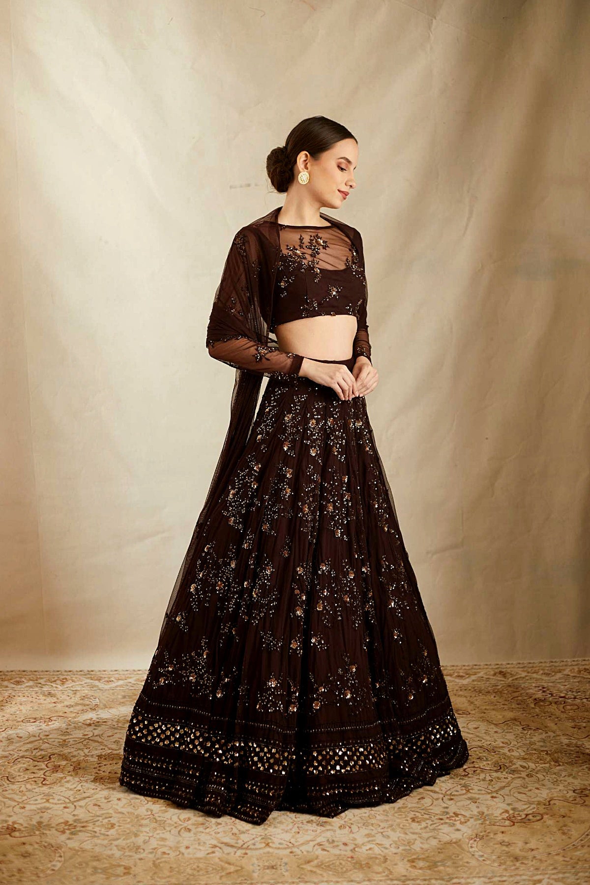 Dark Coffee Thread Work Lehenga Set
