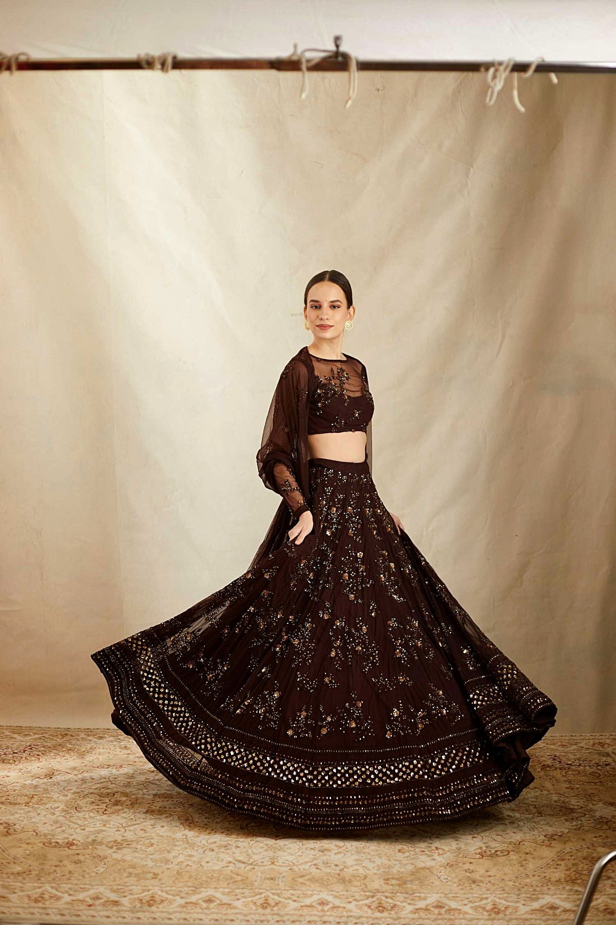 Dark Coffee Thread Work Lehenga Set