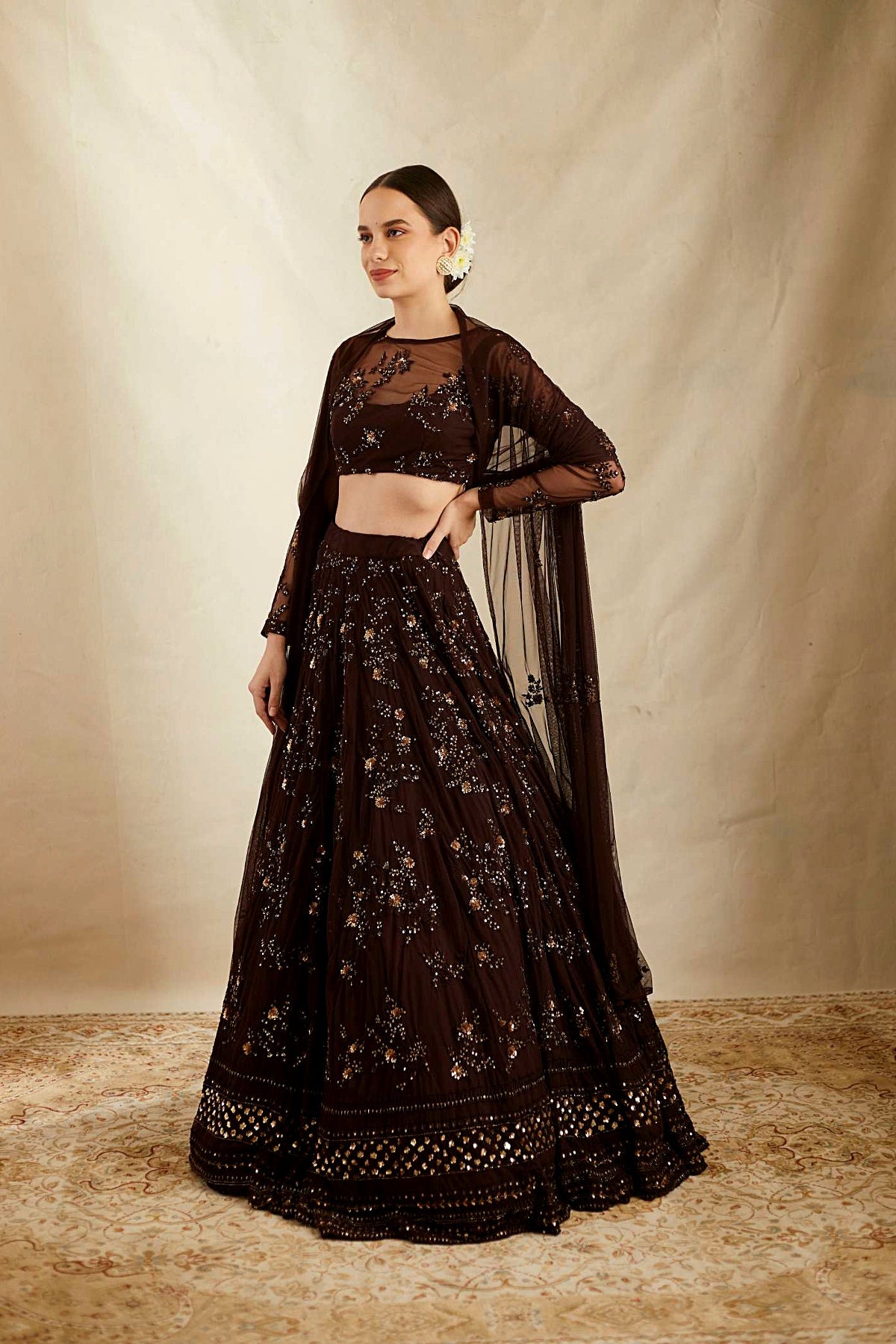 Dark Coffee Thread Work Lehenga Set