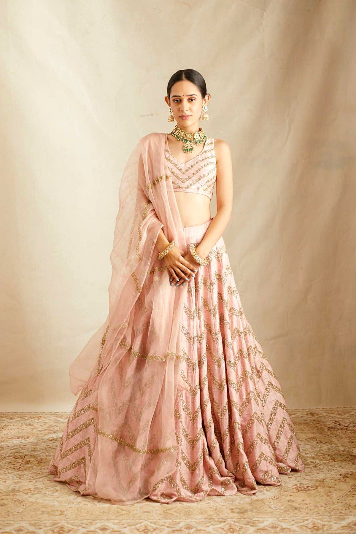 Blush Pink Raw Silk Zig Zag Work Lehenga Set