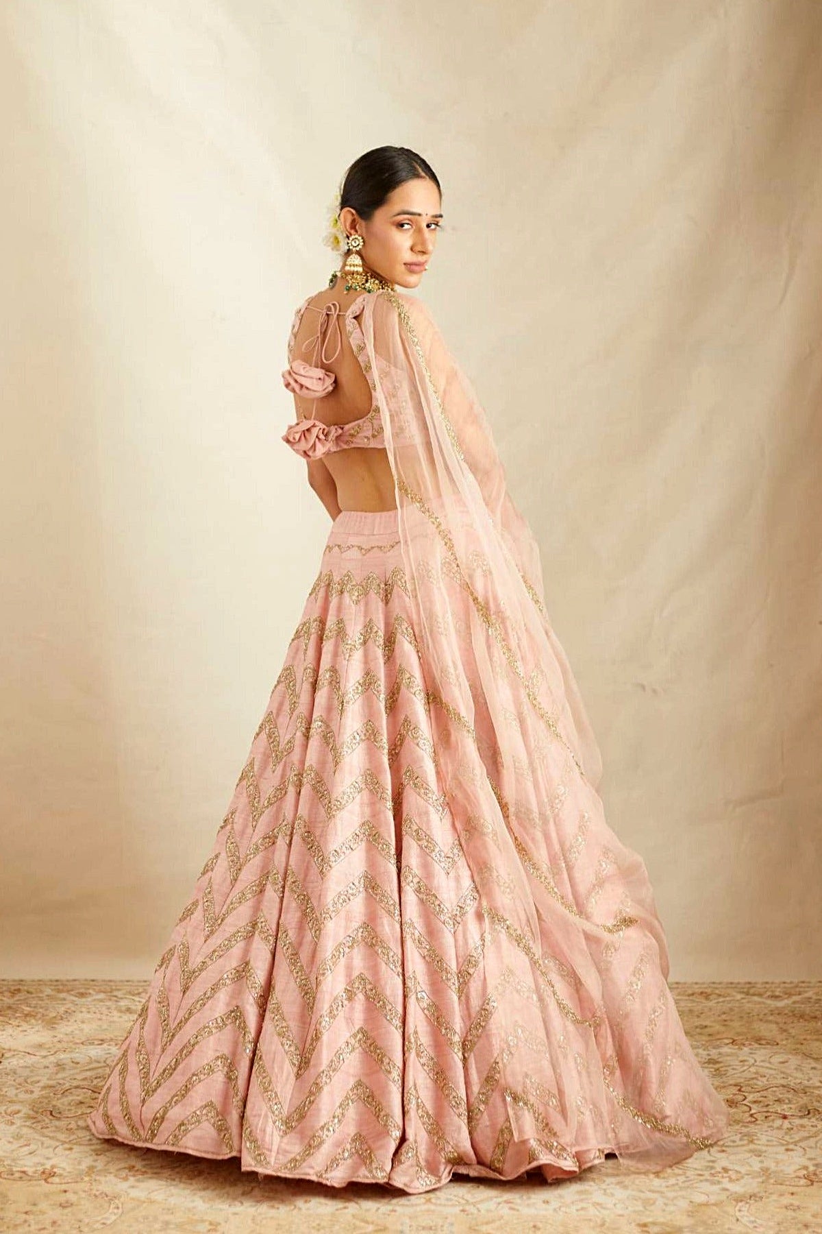 Blush Pink Raw Silk Zig Zag Work Lehenga Set