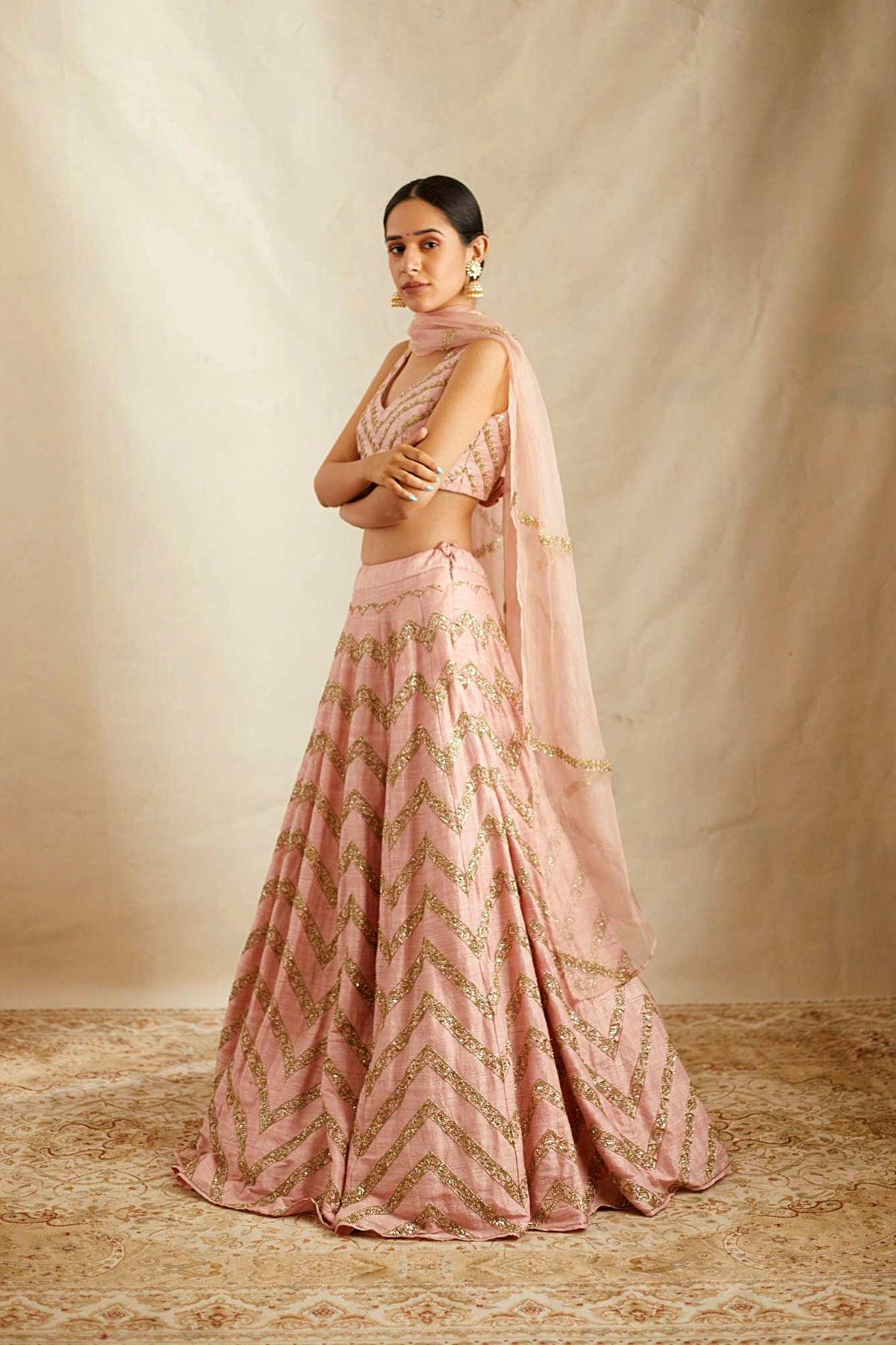Blush Pink Raw Silk Zig Zag Work Lehenga Set