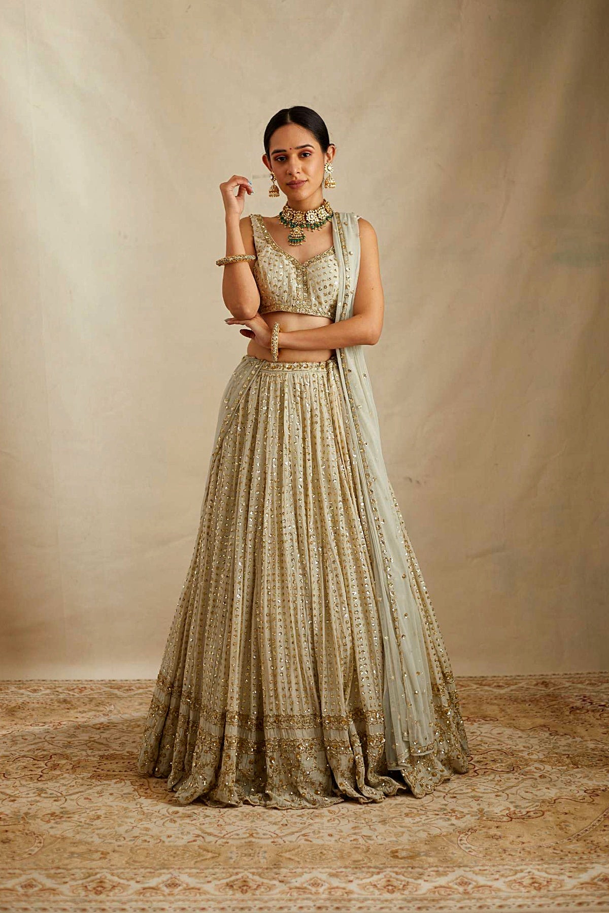 Mint Chanderi Heavy Sitara Work Lehenga Set